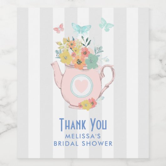 Roze theepot met bloemen en vlinders wijn etiket (Enkel label)