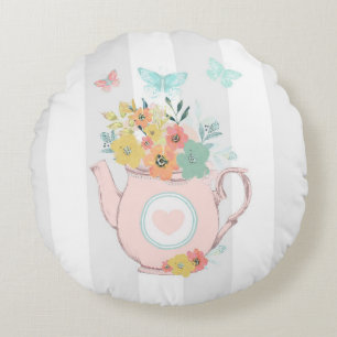 Roze theepot met bloemen & vlinders rond kussen
