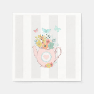 Roze theepot met bloemen & vlinders servet