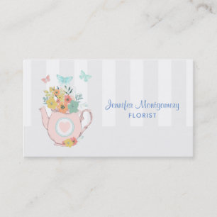 Roze theepot met Flowers & Butterflies  Visitekaartje