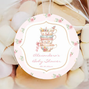 Roze Theevisite met Bloemen Baby Shower Ronde Sticker