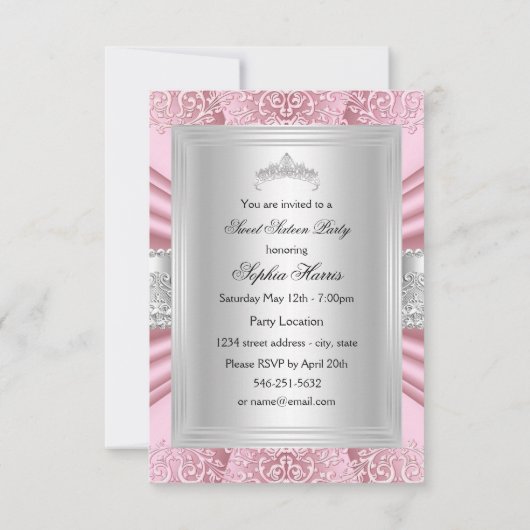 Roze Tiara Damask Sweet Sixteen Party Kaart (Achterkant)