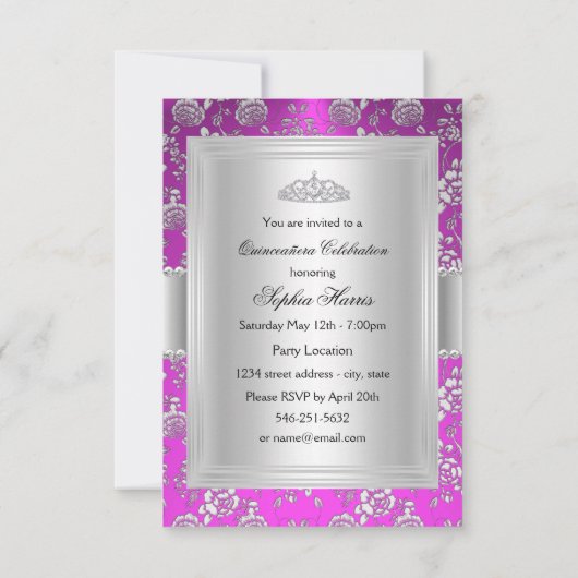 Roze Tiara & Floral Roos Quinceanera Invite Kaart (Achterkant)