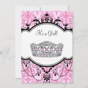 Roze Tiara Roze Zwart Damask Baby shower Kaart