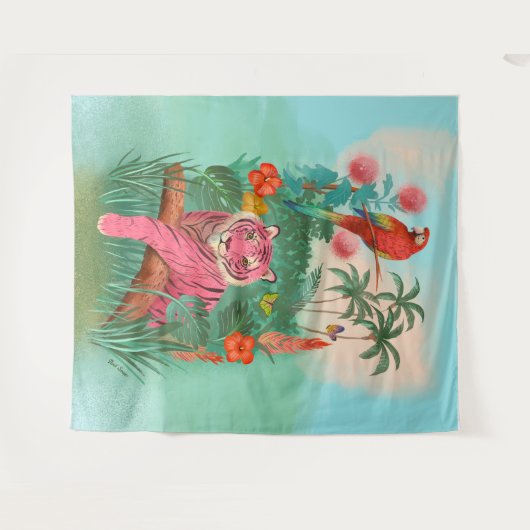 Roze Tijger en Papegaai Tropisch Oerwoud Groot Wandkleed (Voorkant (horizontaal))