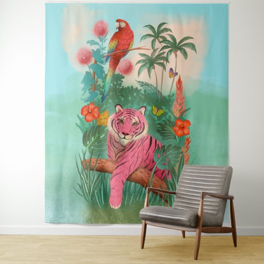 Roze Tijger en Papegaai Tropisch Oerwoud Groot Wandkleed (In situ)
