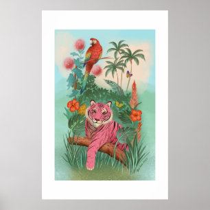Roze Tijger en Papegaai Tropische Extra Grote Prin Poster