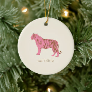 Roze Tijger Gepersonaliseerde Naam Preppy Kerstmis Keramisch Ornament