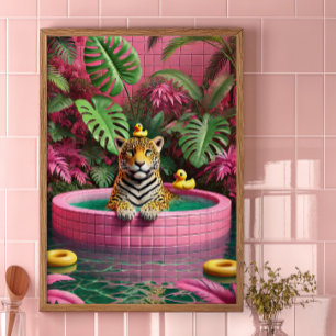 Roze Tijger Zwembad Poster Maximalistische Jungle
