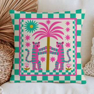 Roze Tijgers & Palmboom Groen Geruit Eclectisch Kussen