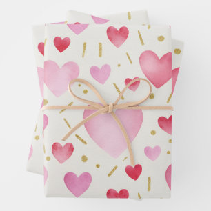 Roze tinten waterverf & gouden glitter harten inpakpapier vel