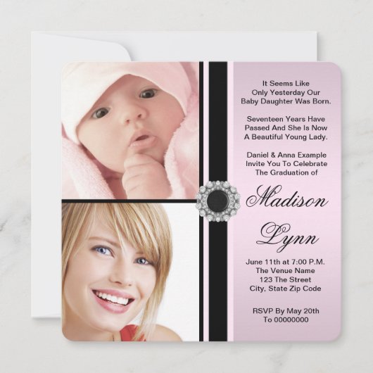 Roze toen en nu Foto Afstuderen Kaart (Voorkant)