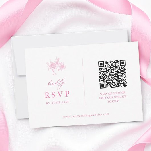 Roze Toile Bloemen Bruiloft QR-code RSVP Kaartje