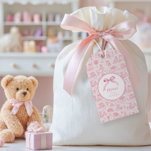 Roze Toile Coquette Bow 1st Verjaardag Meisje Cadeaulabel