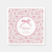Roze Toile Coquette Bow 1st Verjaardag Meisje Servet (Voorkant)