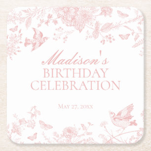 Roze Toile de Jouy  Bloemen Verjaardag Vierkante Kartonnen Onderzetter