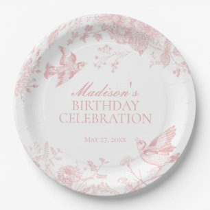Roze Toile de Jouy Bloemen Verjaardagsfeest Papieren Bordje