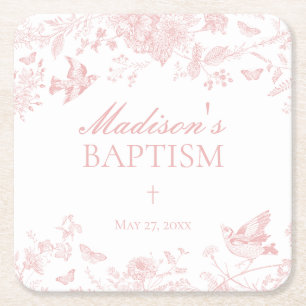 Roze Toile de Jouy  Bloemendoop Vierkante Kartonnen Onderzetter