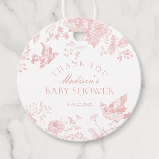 Roze Toile de Jouy Floral Baby shower gunst Bedankjes Labels (Voorkant)