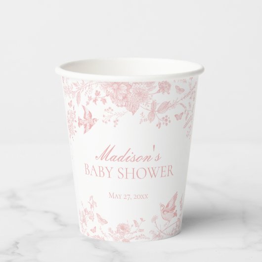 Roze Toile De Jouy Floral Baby shower Papieren Bekers (Voorkant)