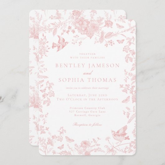 Roze Toile de Jouy Franse Bloemen Huwelijk Kaart (Voorkant / Achterkant)