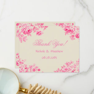 Roze Toile Flower Wedding Bedankkaart