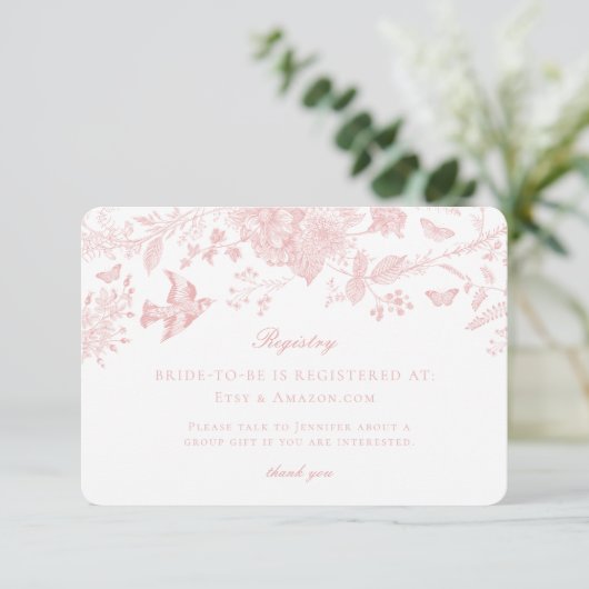 Roze Toile Jouy Registry Kaart Invitation Insert (Staand voorkant)