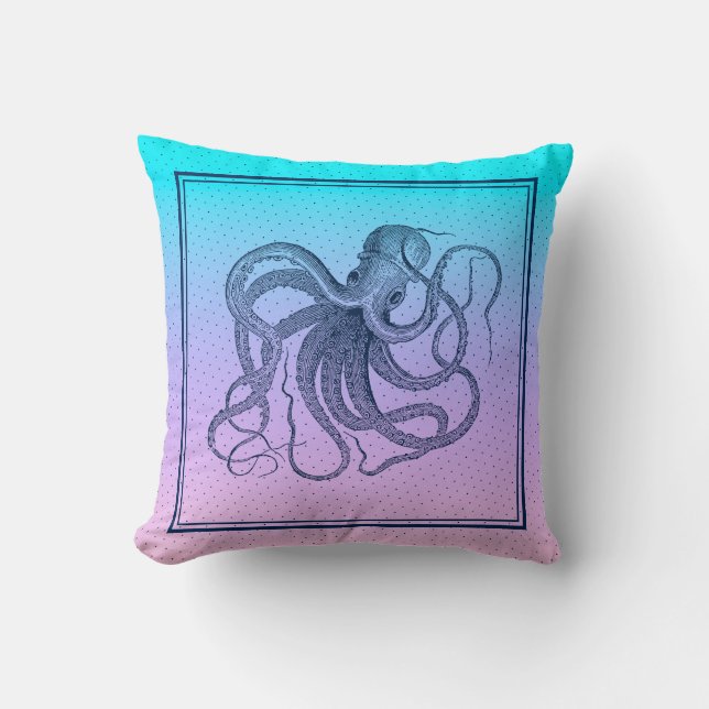 Roze tot blauwe  octopus illustratie kussen (Voorkant)