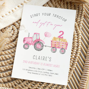 Roze Tractor & Ballonnen Meisje Boerderij Verjaard Kaart