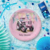 Roze Tractor Flag Waterverf Meisje Baby shower Papieren Bordje (Feest)