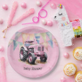 Roze Tractor Flag Waterverf Meisje Baby shower Papieren Bordje (Feest)