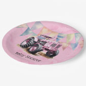 Roze Tractor Flag Waterverf Meisje Baby shower Papieren Bordje (Gekanteld)