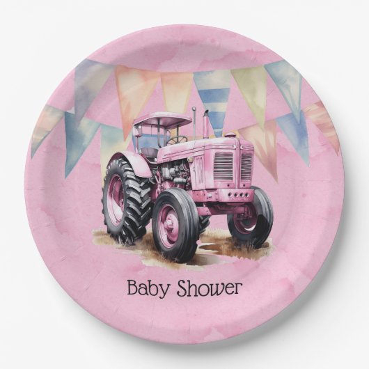Roze Tractor Flag Waterverf Meisje Baby shower Papieren Bordje (Voorkant)
