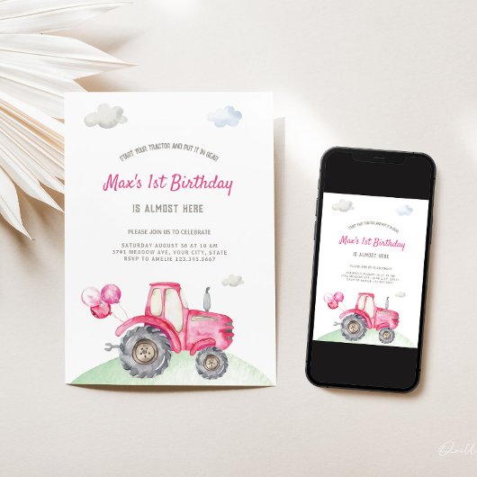 Roze Tractor Verjaardag Uitnodiging