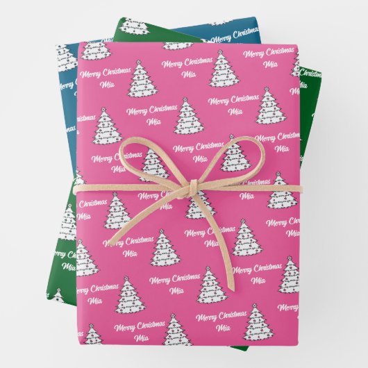 Roze Tree Gift Wrap | Merry Christmas Pink Inpakpapier Vel (In situ)