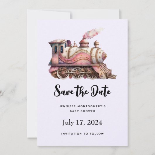 Roze Treinmotor Steampunk Stijl Save The Date (Voorkant)