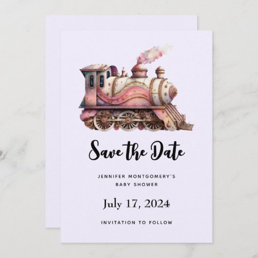 Roze Treinmotor Steampunk Stijl Save The Date (Voorkant / Achterkant)