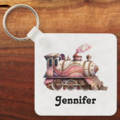 Roze Treinmotor  Steampunk Stijl Sleutelhanger (Voorkant)