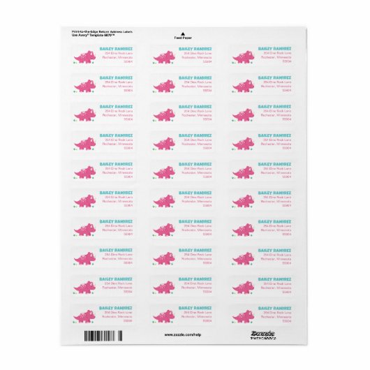 Roze Triceratops Dinosaurus retouradres Etiket (Full Sheet)