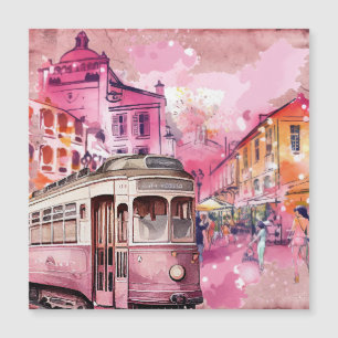 Roze Trolly Auto Cityscape Illustratie