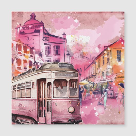 Roze Trolly Auto Cityscape Illustratie (Voorkant)