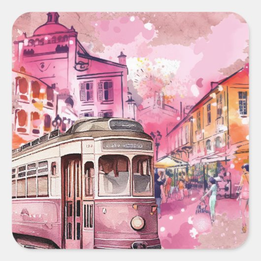 Roze Trolly Auto Cityscape Illustratie Vierkante Sticker (Voorkant)