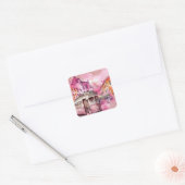Roze Trolly Auto Cityscape Illustratie Vierkante Sticker (Envelop)