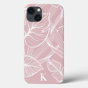 Roze Tropisch Palmblad Patroon Monogram Hoesje-Mat iPhone 13 Hoesje
