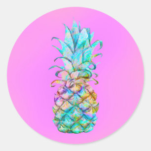 Roze Tropische Ananas Kleurensplash Luau Feest Ronde Sticker