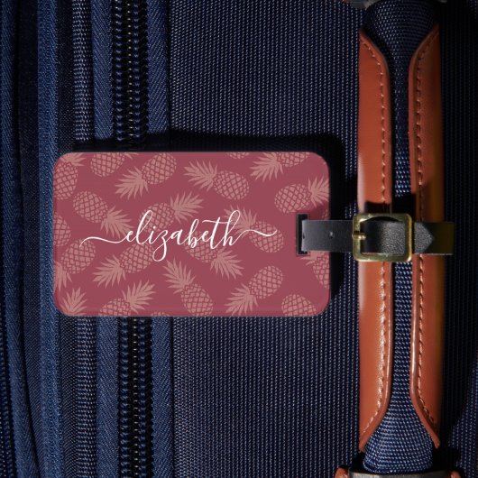Roze tropische ananas patroon aangepaste scriptnaa bagagelabel (Voorkant Insitu 4)