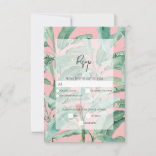 Roze tropische banaan palmbladeren bruiloft RSVP kaartje