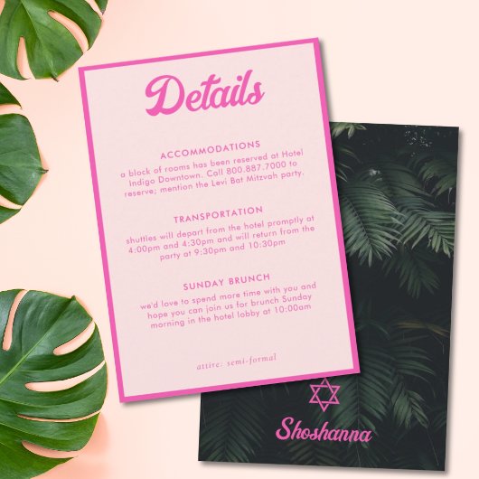 Roze Tropische Bat Mitzvah Details Bijlagekaart Kaart