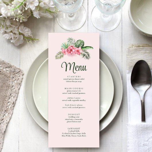 Roze Tropische Bloemen Bruiloft Menu