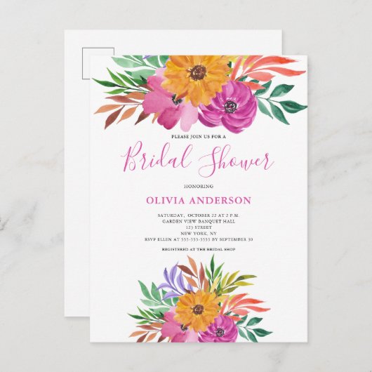 Roze Tropische Bloemige Aquarel Bruidssalon Uitnodiging Briefkaart (Voorkant / Achterkant)